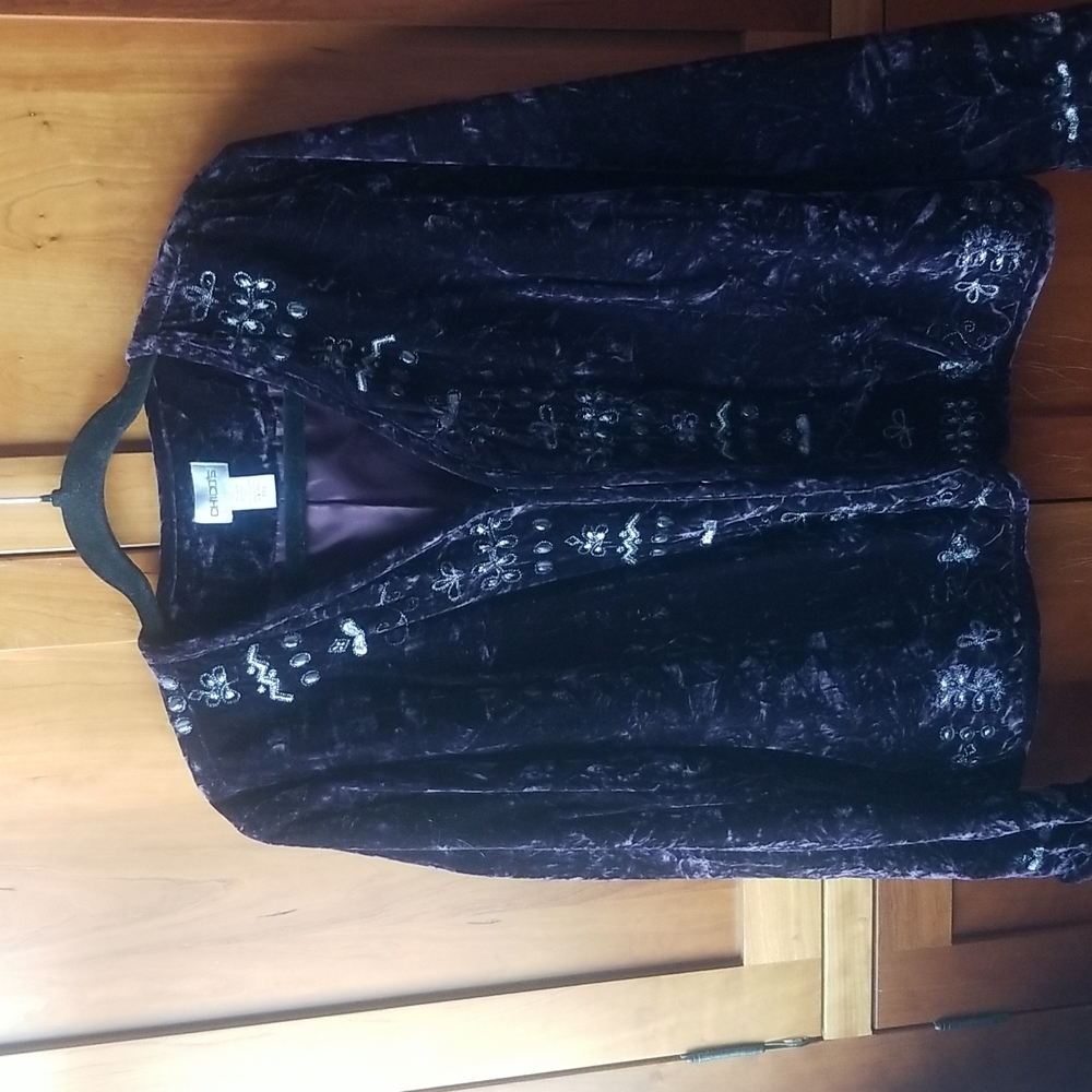 Chico's crushed plush purple jacket with silver thread and cabochon accents, M